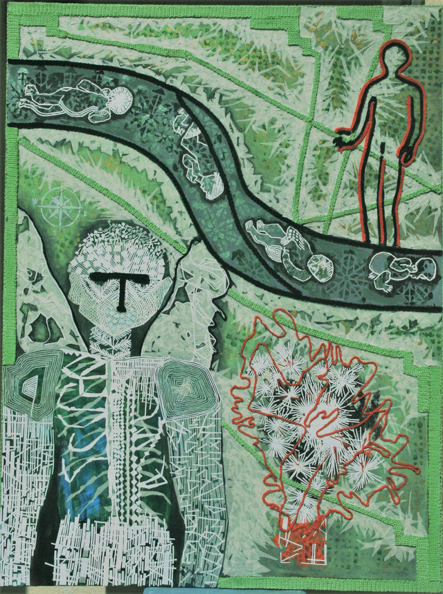 THE BIRTH CANAL-HORIZONTAL DIPTYCH-LEFT SIDE-Size: 48x36 ins. Medium: thread, paper and acrylic on canvas