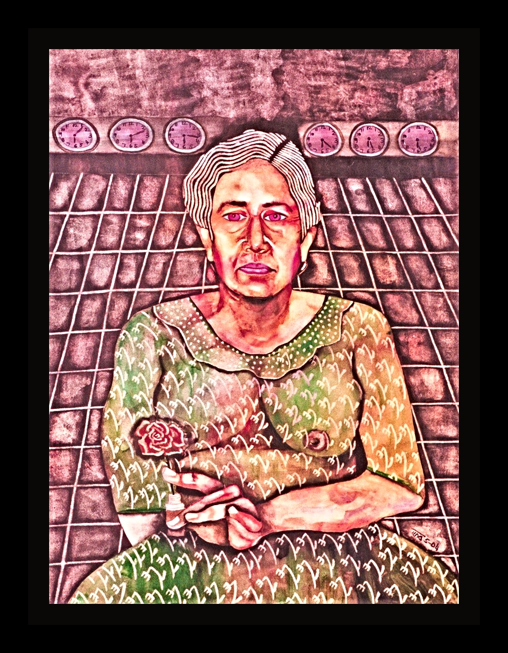 SELF-PORTRAIT WITH CLOCKS - Size: 24x18 ins. Medium: coffee and water colour on paper