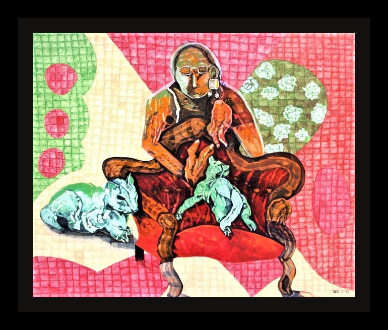 CAT WOMAN - Size: 32x26 ins. - Medium: egg tempera on board.   -   # egg tempera