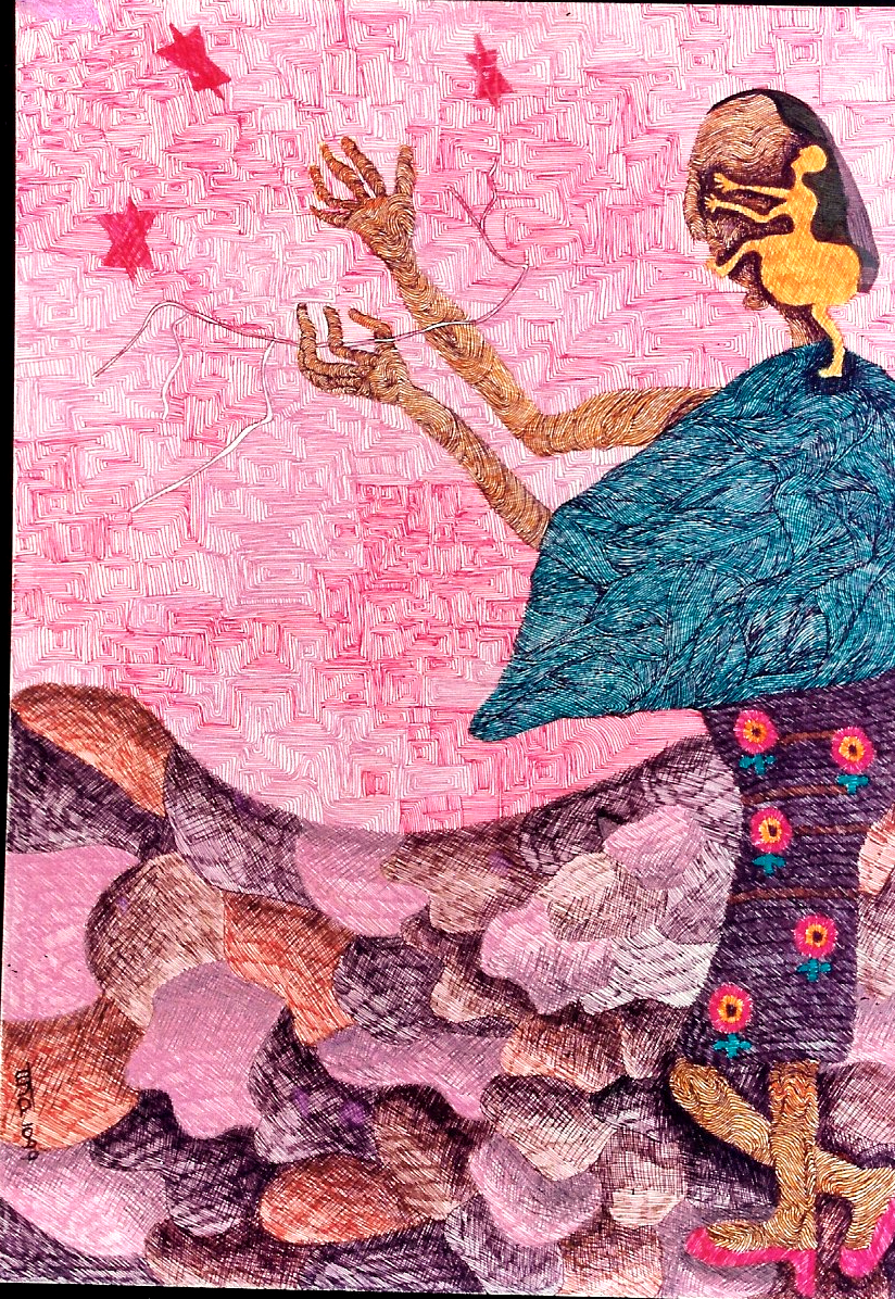  REACHING FOR THE STARS - Size: 36x24 ins. Medium: coloured pens on paper.