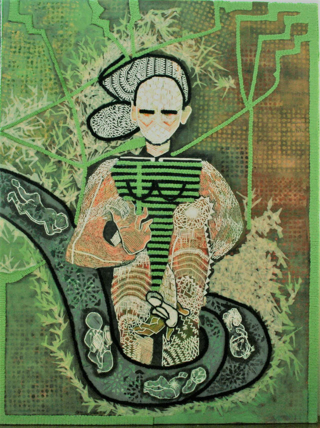 THE BIRTH CANAL-HORIZONTAL DIPTYCH-RIGHT SIDE- Size: 48x36 ins. Medium: thread,paper and acrylic on canvas