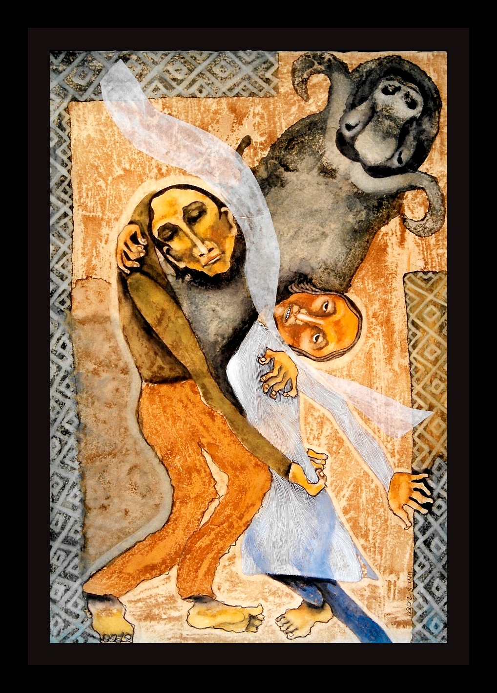BOOGIE NIGHTS - Size: 28x20 ins. Medium: coffee & watercolour on paper.