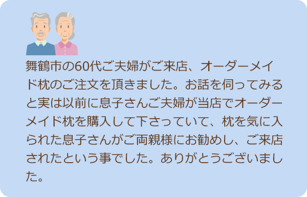 お客様の声２　舞鶴市の60代ご夫婦がご来店、オーダーメイド枕のご注文を頂きました。お話を伺ってみると実は以前に息子様ご夫婦が当店でオーダーメイド枕を購入して下さっていて、枕を気に入られた息子様がご両親様にお勧めし、ご来店されたという事でした。ありがとうございました。