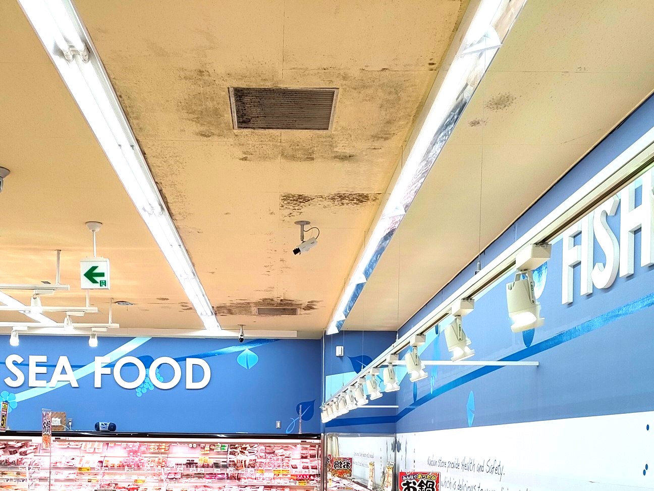 防カビ施工事例（食品スーパー天井のカビ除去と防カビ工事）