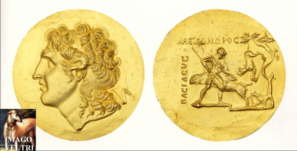 medaglia commemmorativa III sec. D.C.con Alessandro ed una sua caccia al cinghiale,oro da Aboukir vicino Alessandria