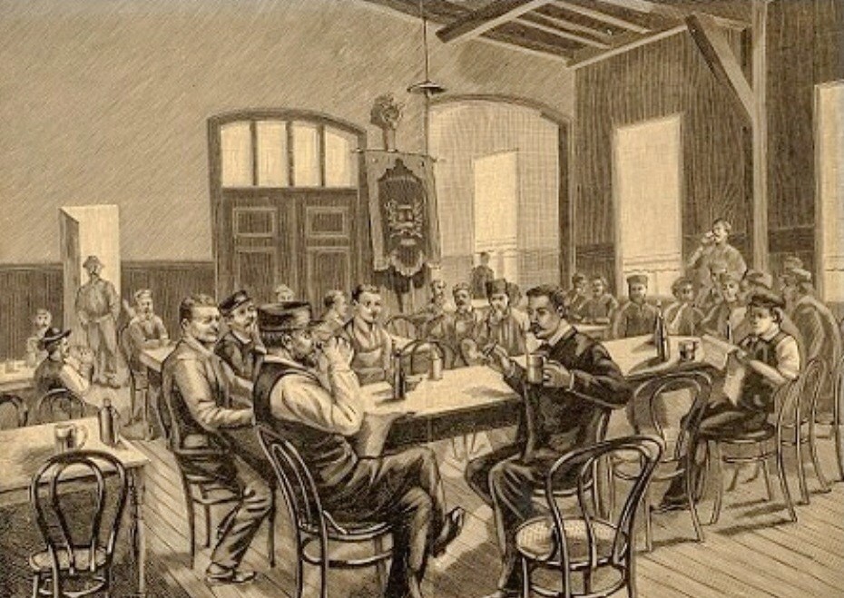 Personeel in het oude schaftlokaal van Calvé aan de Wateringseweg, 1892