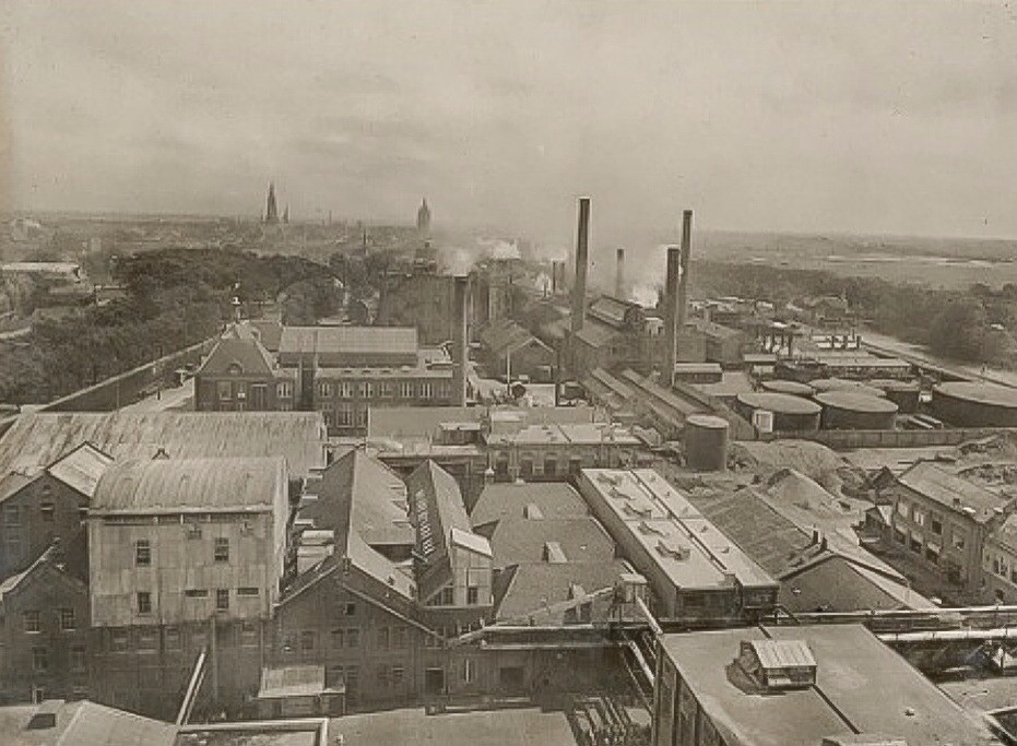 De Calvéfabrieken aan de Wateringseweg gezien vanaf de silo in zuidelijke richting, 1925