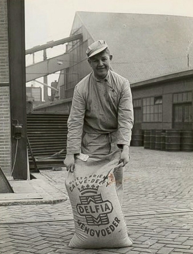 Medewerker van de Veevoederfabriek van Calvé aan de Wateringseweg poseert met een zak mengvoeder. Op de achtergrond de Biksfabriek, 1955