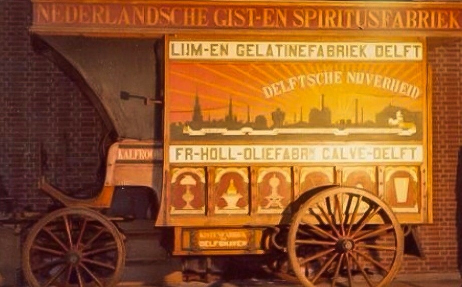Wagen voor geroosterde pinda's van Calvé uit circa 1900. De wagen staat buiten opgesteld. 1960