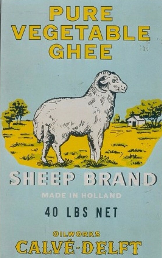 Reclameafbeelding op blik van Calvé voor Ghee = oorspronkelijk boter van buffelmelk, hier vervangen door plantaardige boter voor Indië. Origineel in bezit Museum Het Prinsenhof, 1920