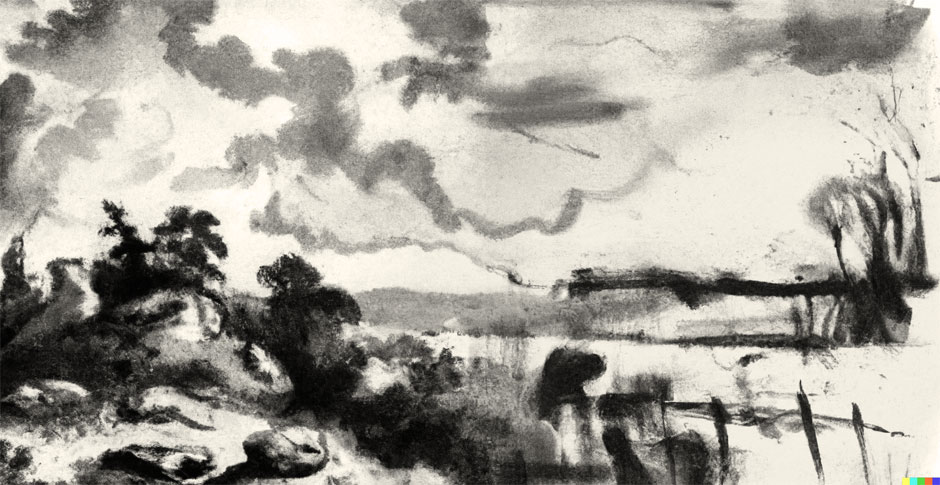 Monochromes Landschaftsbild im Stil von Gainsborough als Tuschemalerei