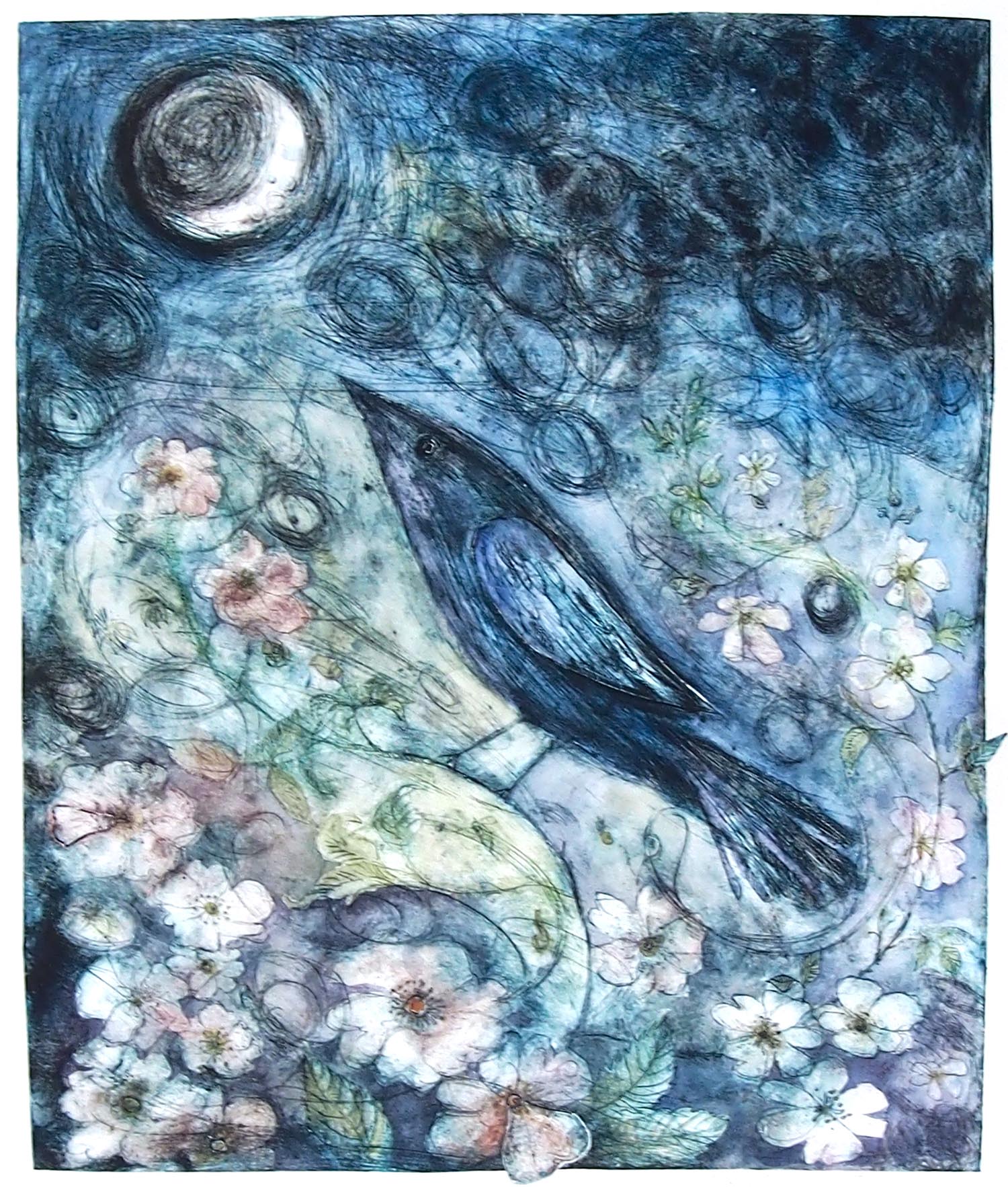 Grey Moon Bird - handcoloured drypoint image 50x41cm framed 63x74cm £240