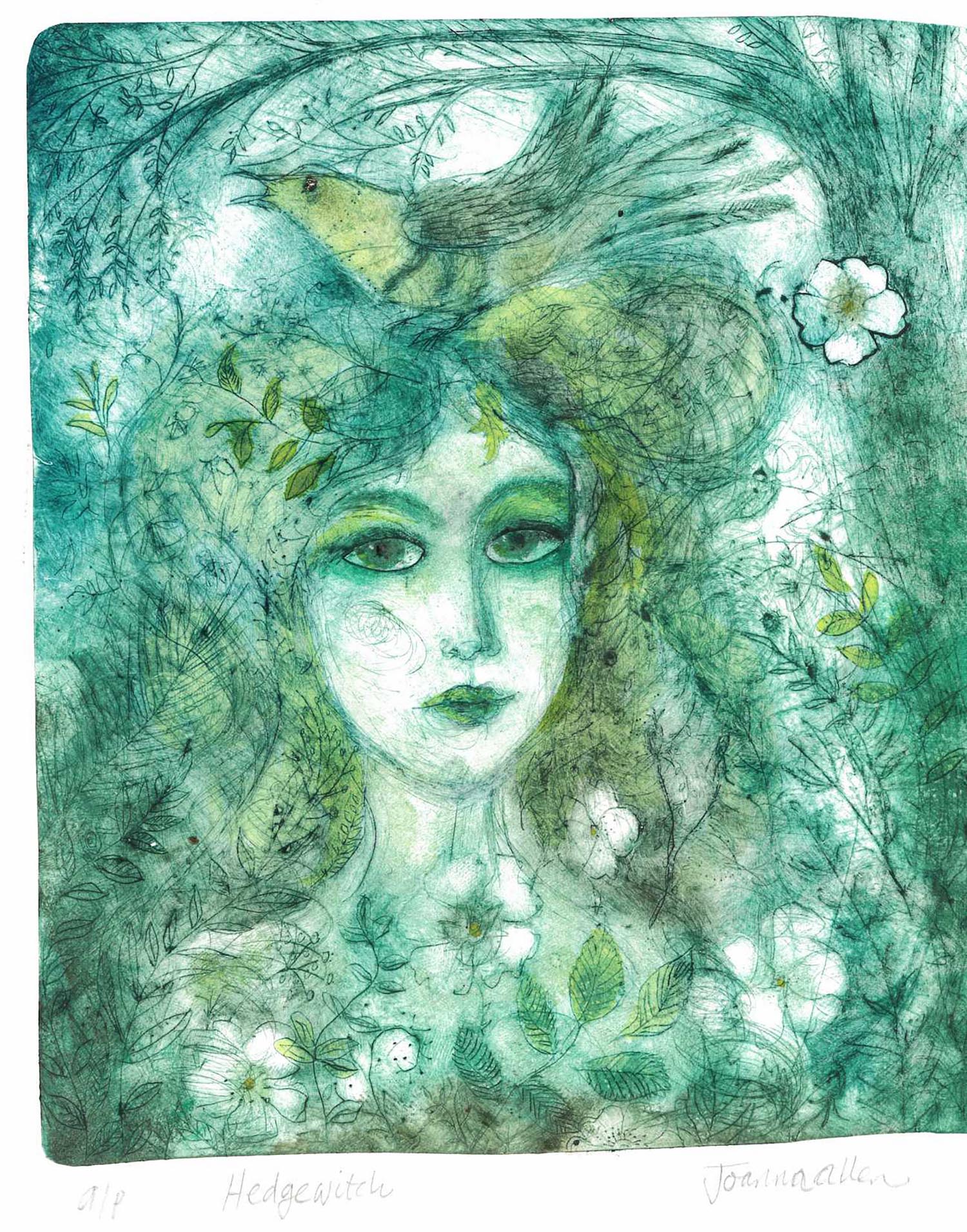 Hedgewitch Green - handcoloured drypoint image 21x24cm framed 37x43cm £170