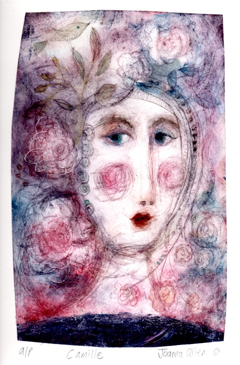 Camille Pinks - handcoloured drypoint image 20x14cm framed 30x29cm £145