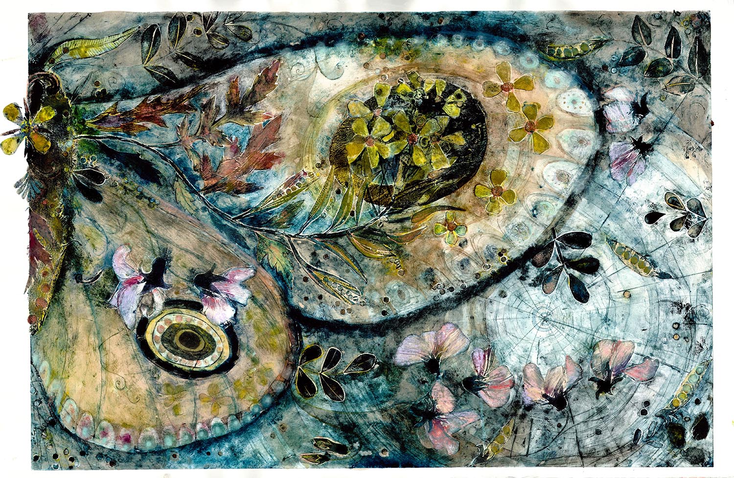 Moth - handcoloured collagraph image 70x45cm white wood framed 91x97cm £495