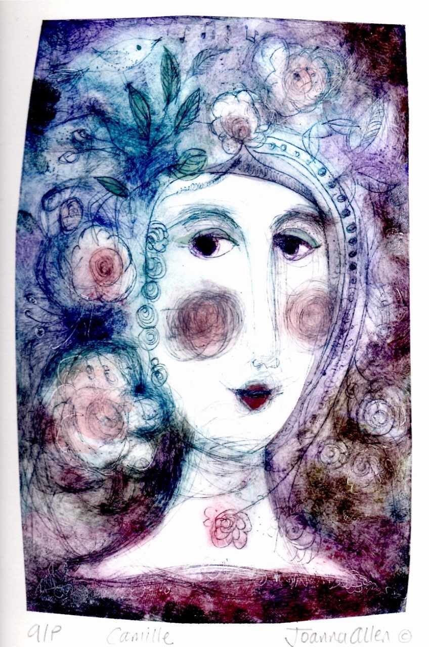 Camille Blues - handcoloured drypoint image 20x14cm framed 30x29cm £145