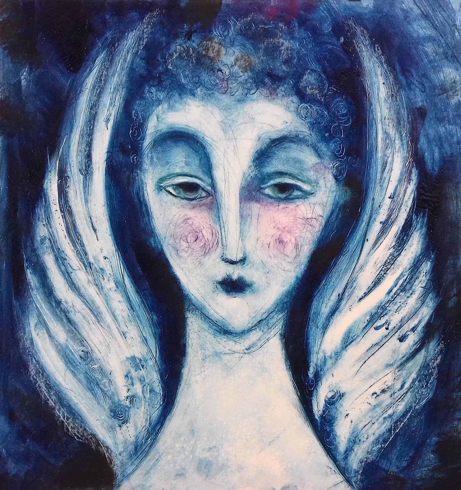 Blue Angel 5 - handcoloured drypoint image 24x26cm mounted 50x50cm £145