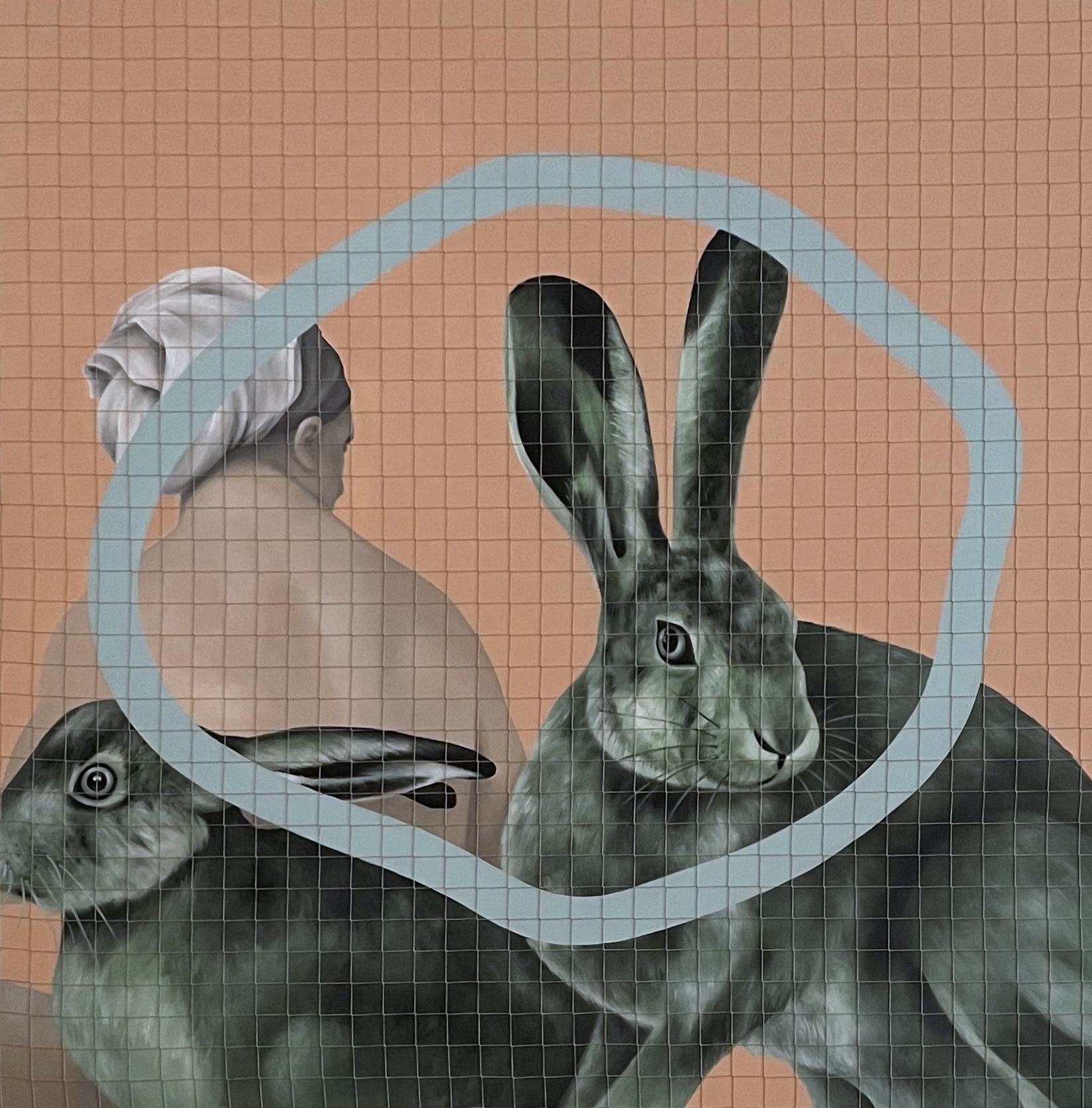 BUNNIES (After Ingres), acrylic + polypropylene net on canvas, 180 x 180 cm, 2022