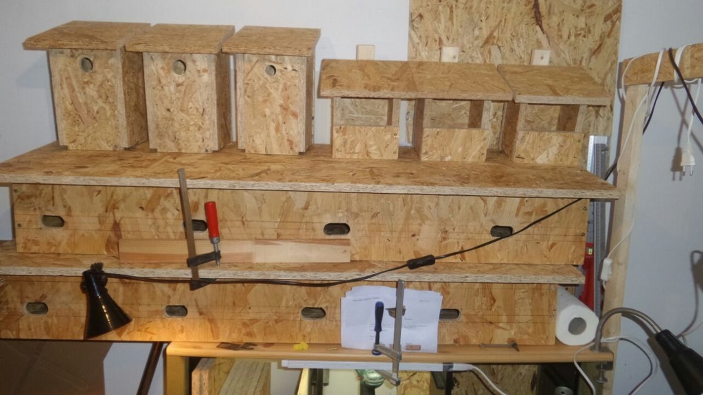 Links Höhlenbrüterkästen mit unterschiedlichen Lochdurchmesser( 26-35mm), rechts Halbhöhlen und die beiden unteren sind Koloniebrutkästen für Mauersegler