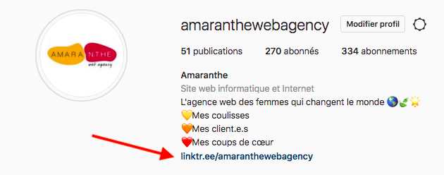 Lien Linktree dans la bio d'Amaranthe sur Instagram