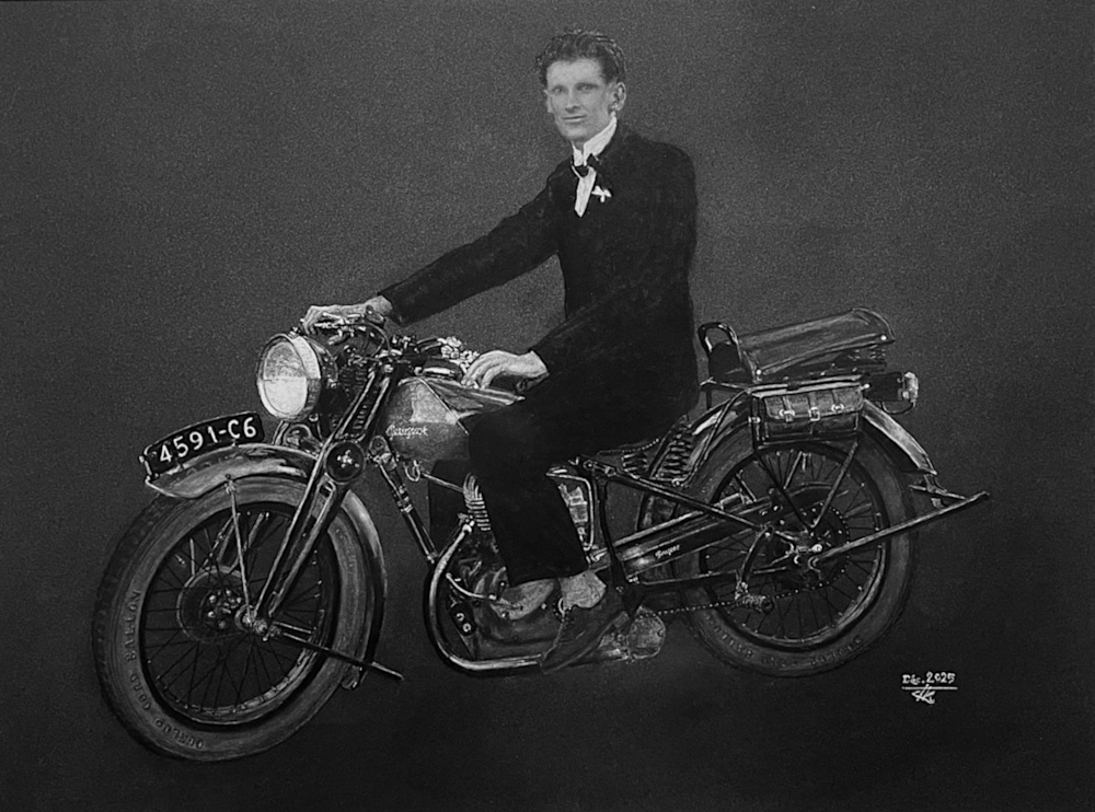 Retour au crayon : mon hommage à un gentleman motard des années 30"