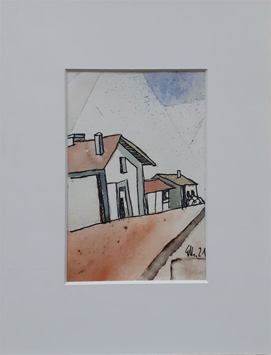 Häuserzeile, aquarellierte Zeichnung, 9,4 x 14 cm, 2021