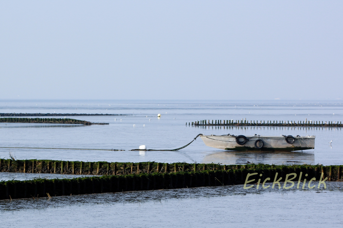flaches Boot im trockenen Wattenmeer mit Lahnungen