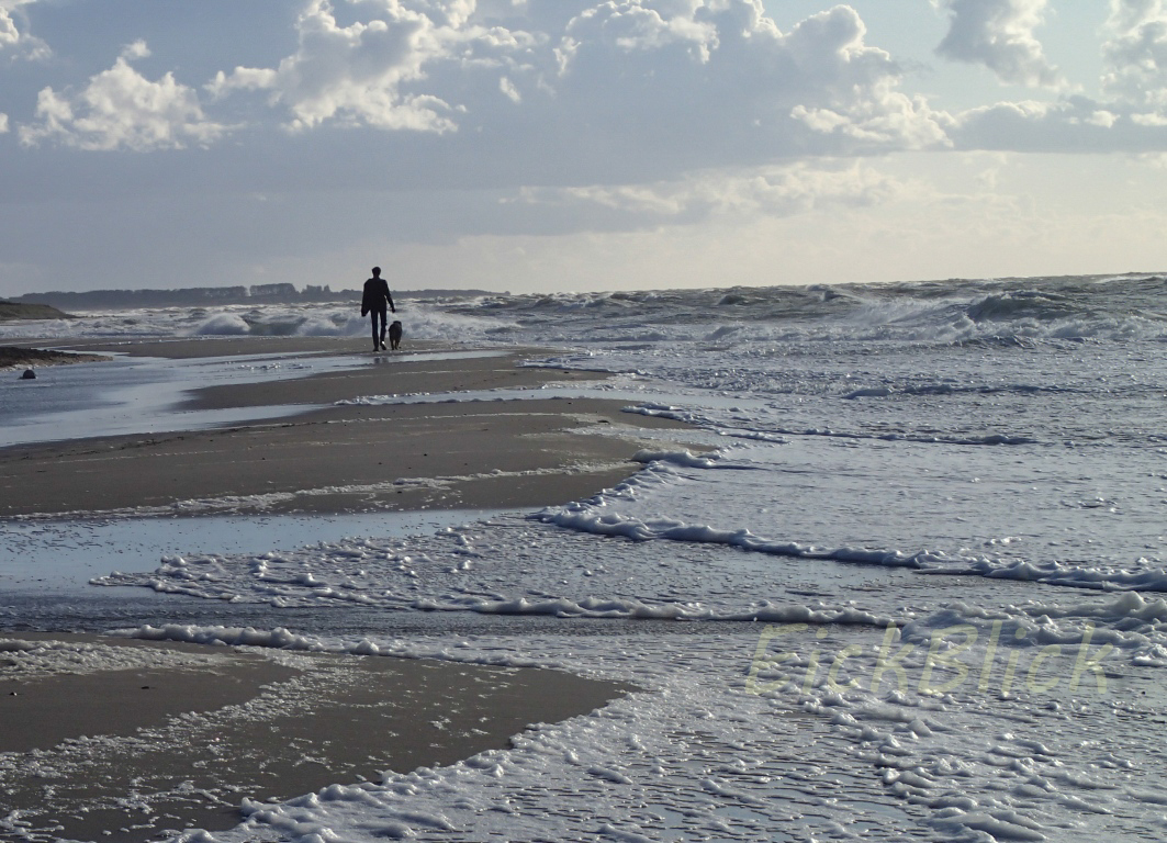 Spaziergägnger mit Hund am überspülten Strand