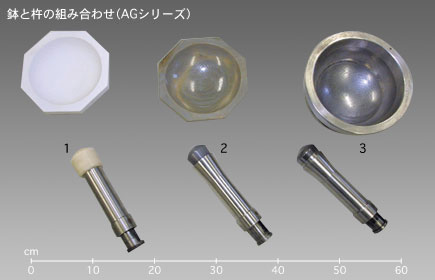 石川式攪拌擂潰機のアルミナ、メノウ、タングステンの鉢と杵