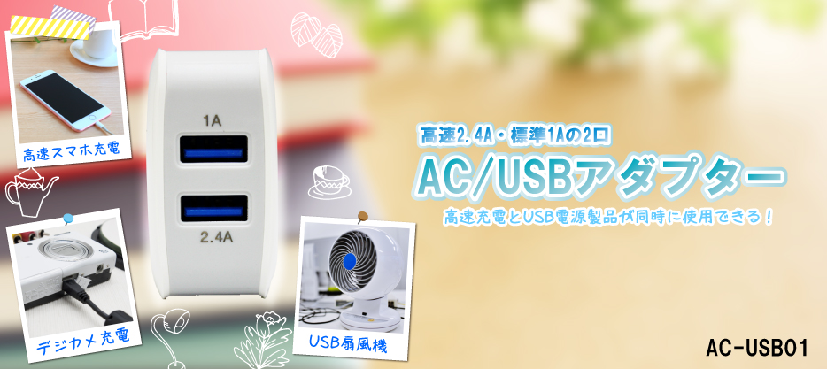 電源　アダプター　ＡＣ　ＵＳＢ　２口　２　便利　同時　タイタン　足利　