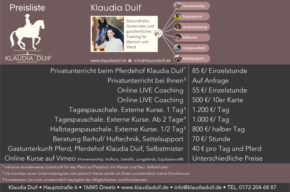 Preiseliste Reitunterricht mit Klaudia Duif vom Pferdehof Duif in Brandeburg