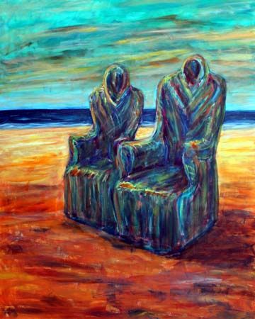 Surreales Gemälde von zwei Sesseln am Meeresstrand, die wie menschlichen Wesen erscheinen.