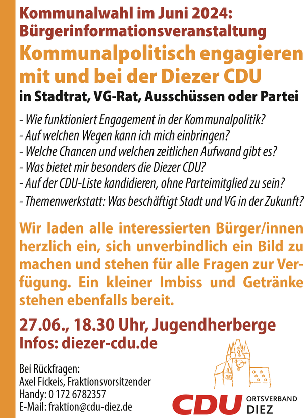 Infoveranstaltung: Kommunalpolitisch engagieren bei der Diezer CDU