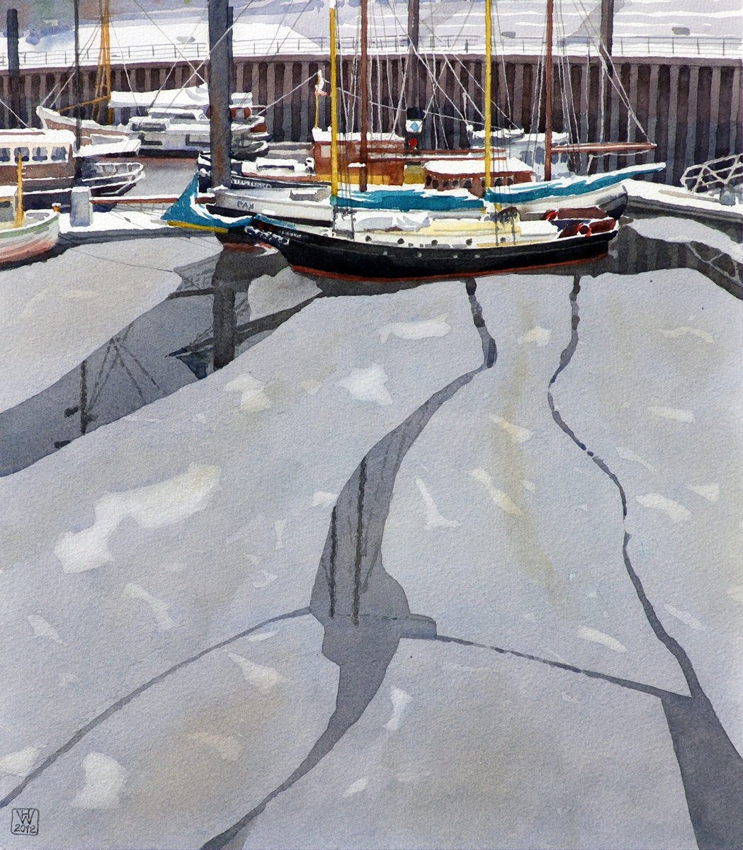 Winter im Vegesacker Hafen - Aquarell 41x36 cm