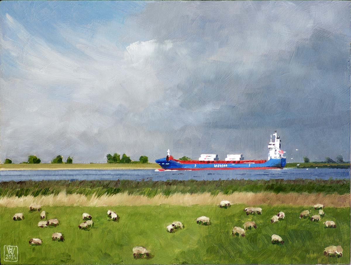 Unterelbe, Deichvorland mit Container-Feederschiff - Öl auf Malplatte 31x41 cm  NFS
