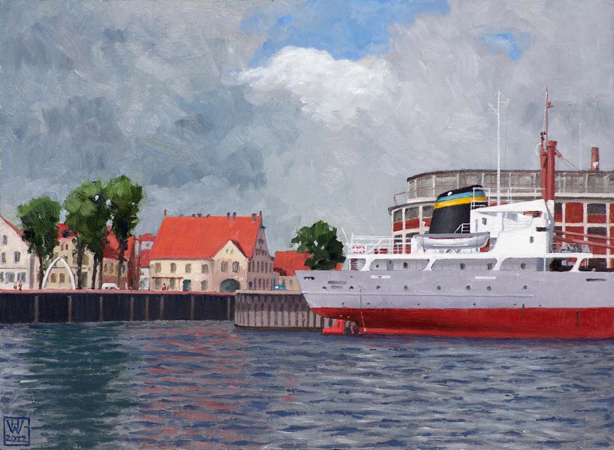 Der "Utkiek" in Bremen-Vegesack mit Neptun-Frachter 1964 - Öl auf Malplatte  27,5x37,5 cm