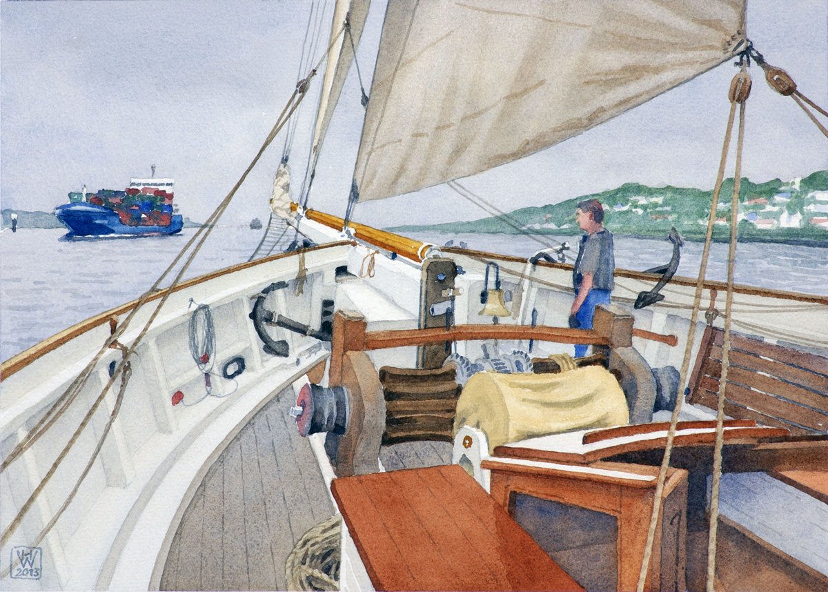 Lotsenschoner 5 ELBE vor Blankenese - Aquarell  27,5x38 cm