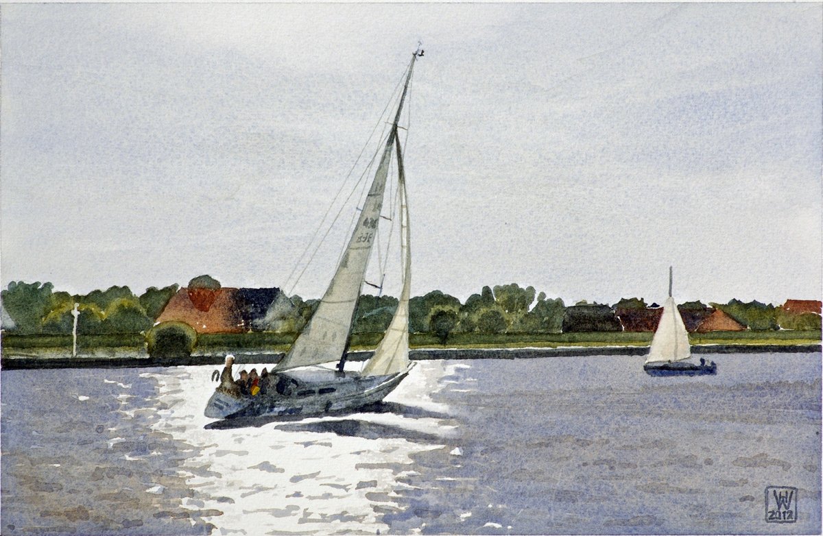 Heimwärts, Segler auf der Unterweser - Aquarell  20x30,5 cm  NFS