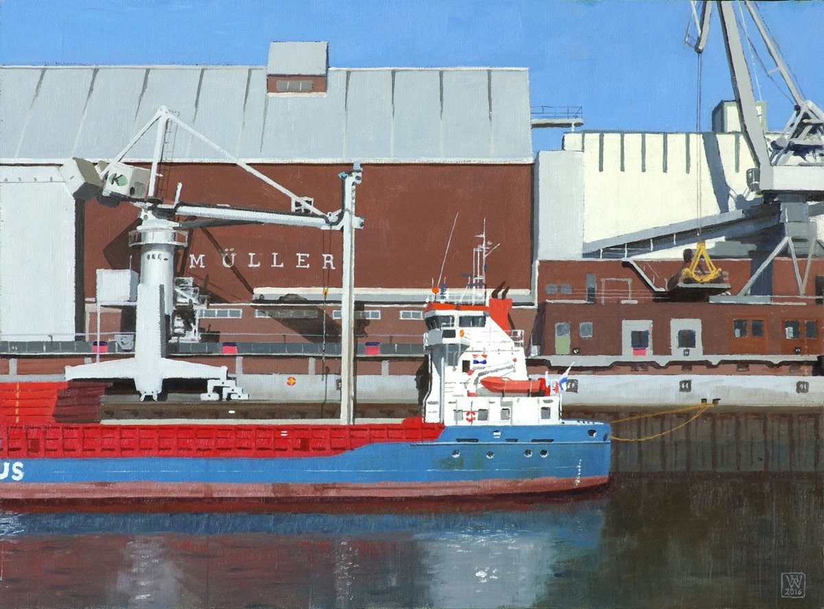 Bremen, Holz- und Fabrikenhafen, Getreideumschlag - Öl auf Malplatte 27,5x37,5 cm