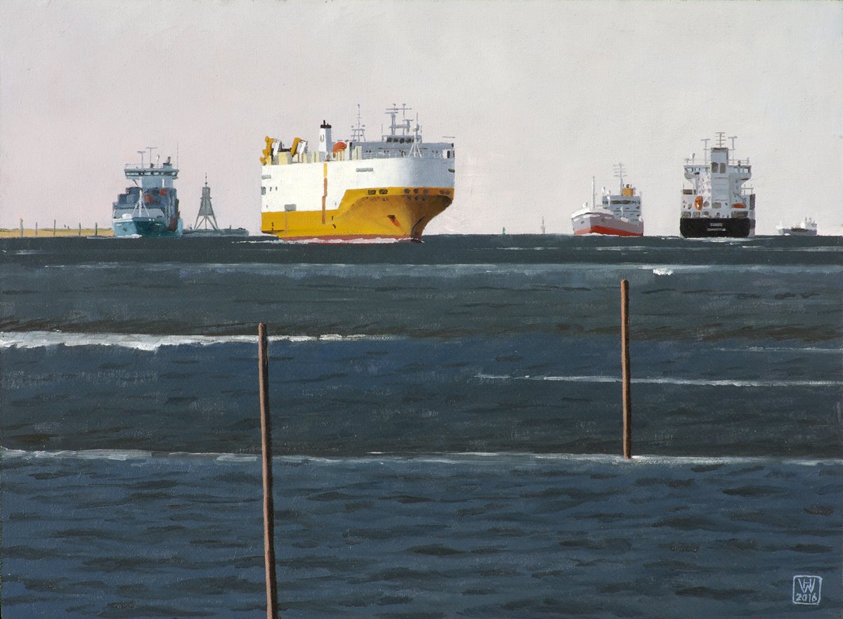 Ein Kommen und Gehen II: Die Unterelbe bei Cuxhaven - Öl auf Malplatte  27,5x37,5 cm