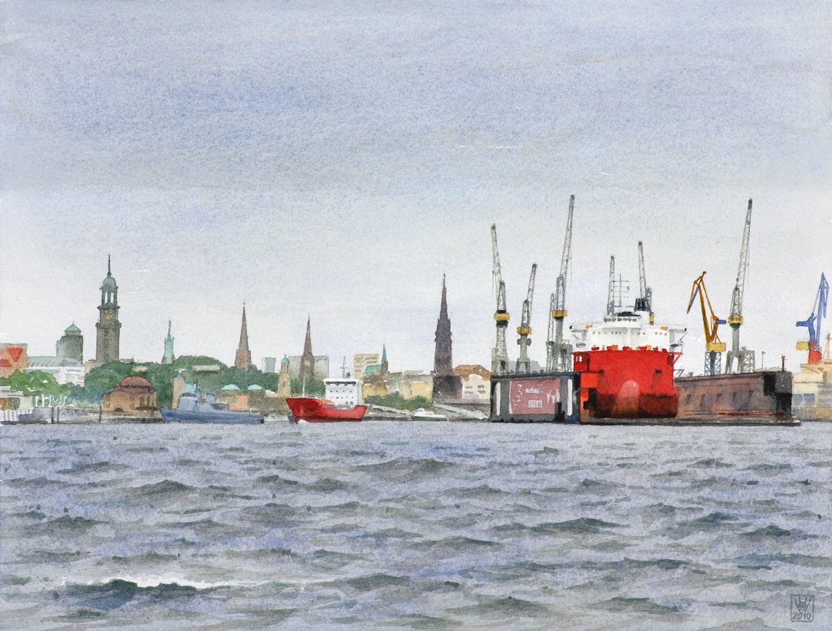 Hamburger Hafenpanorama: Kirchen und Krane - Aquarell  33x43 cm