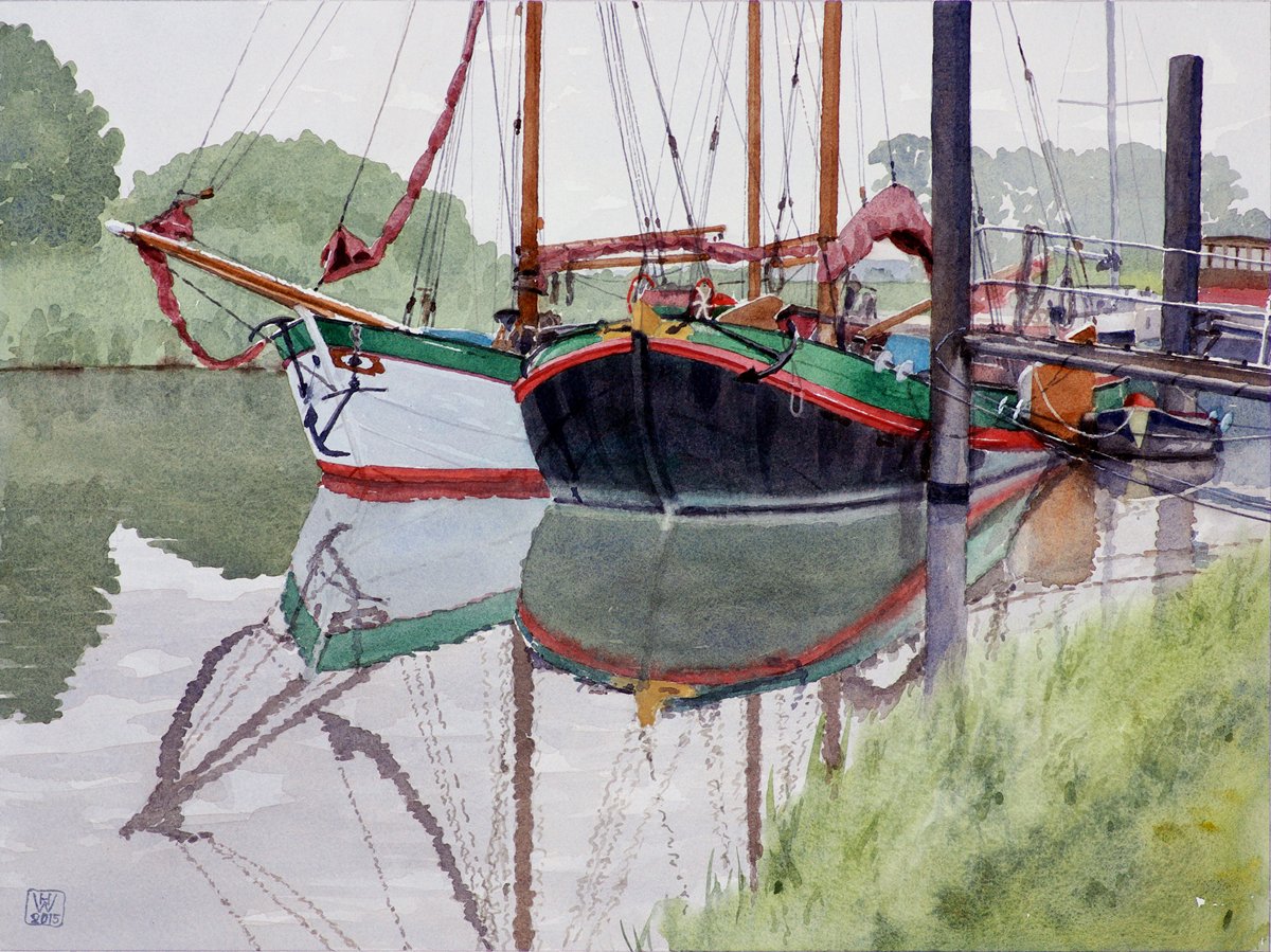 MOEWE und HELENE in Wischhafen/Unterelbe - Aquarell  33x44 cm  NFS