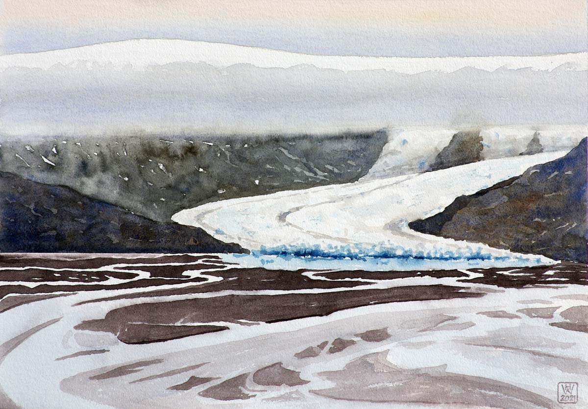 Gletscher und Sander, Südisland - Aquarell  32x46 cm