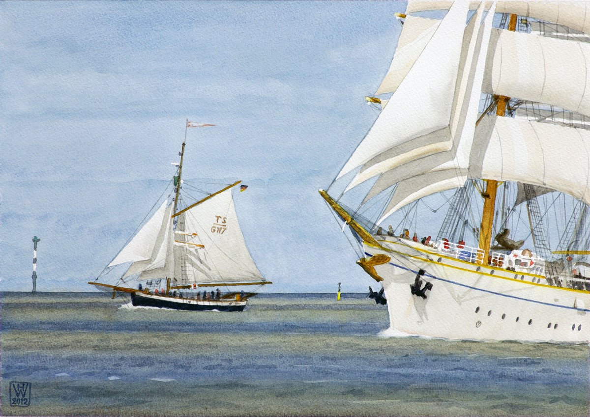 GRÖNLAND trifft GORCH FOCK, Bremerhaven - Aquarell  27x38,6 cm  NFS