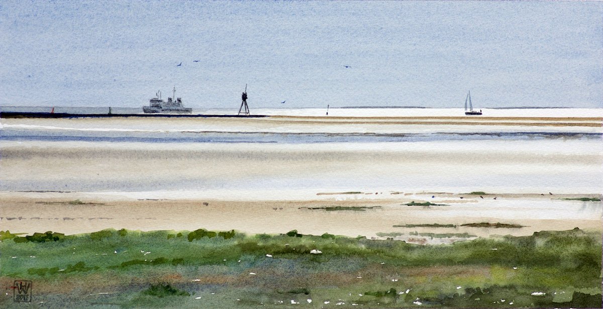Insel Borkum, Einlaufen in den Hafen - Aquarell  24x48 cm