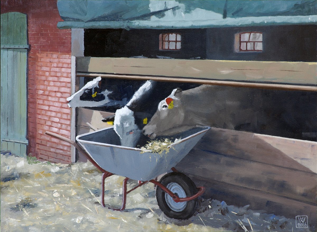 Rinderfütterung, Fischerhude - Öl auf Malplatte 27,5x37,5 cm