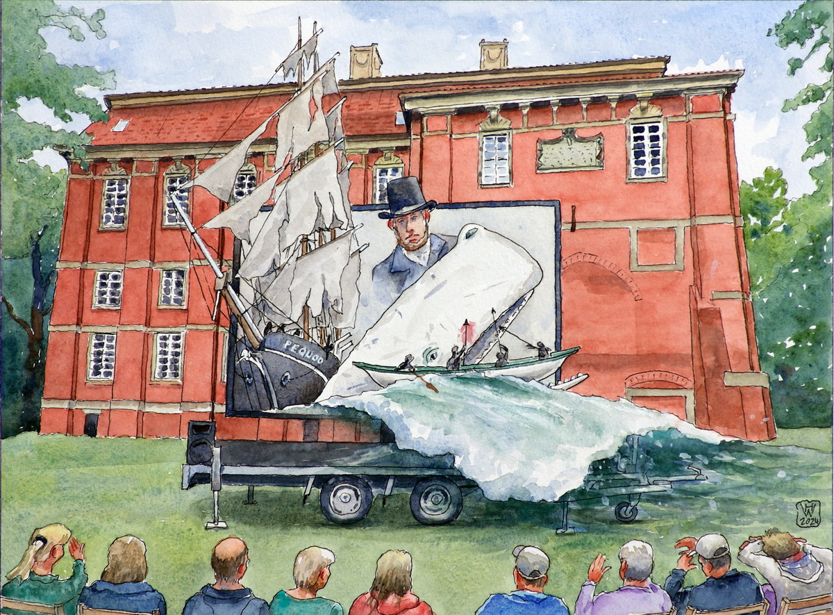 Film Moby Dick am Schönebecker Schloss - Aquarell-Illustration 31x42 cm