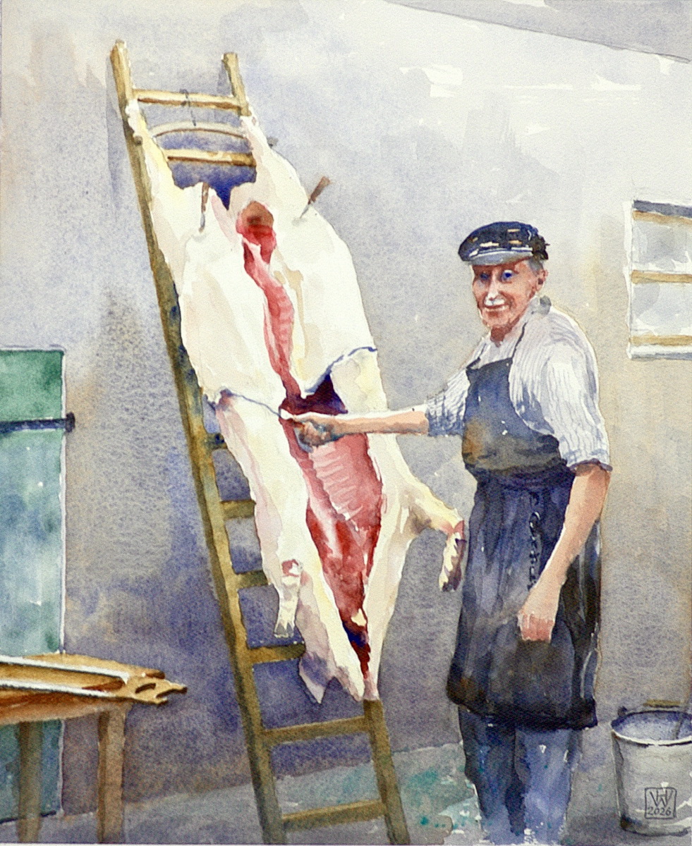 Großvater war Hausschlachter - Aquarell 44x36 cm  NFS