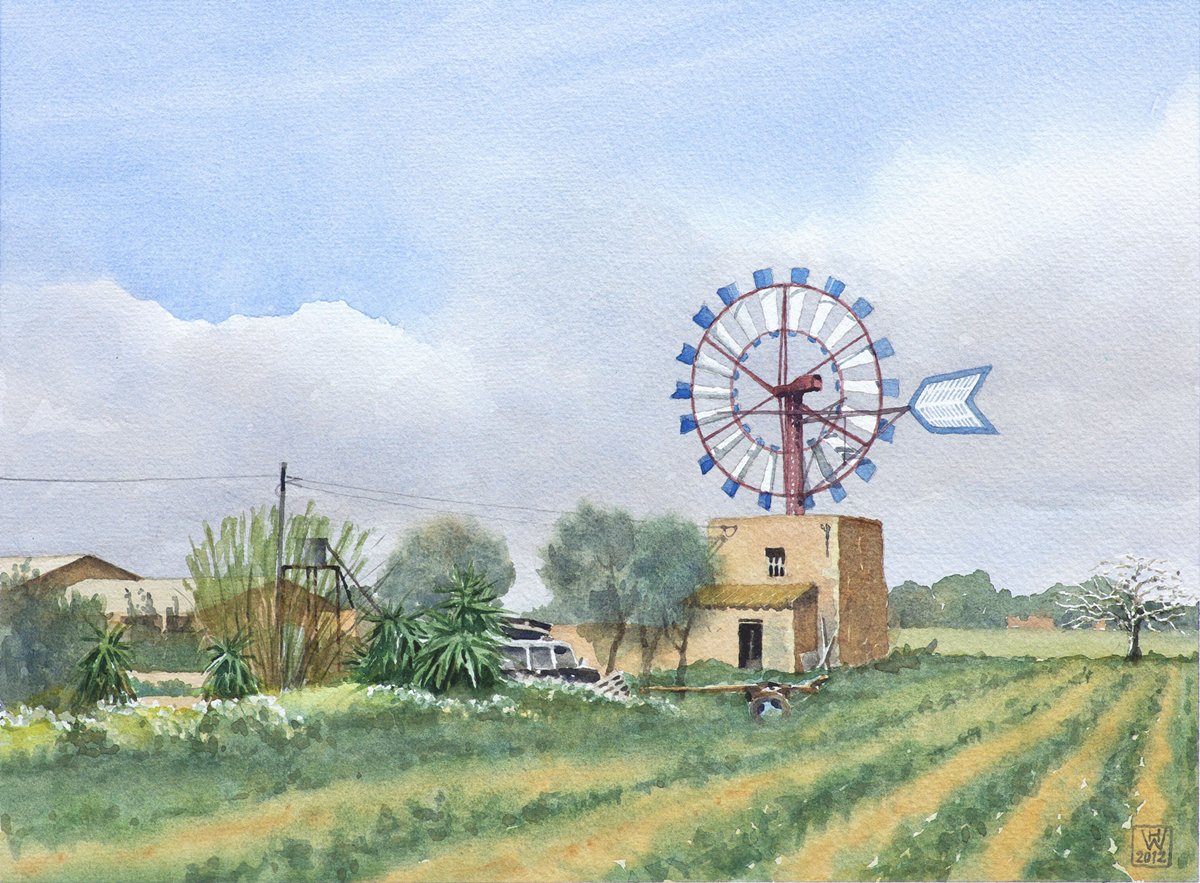 Finca mit Mühle bei Campos, Mallorca - Aquarell  32x44 cm