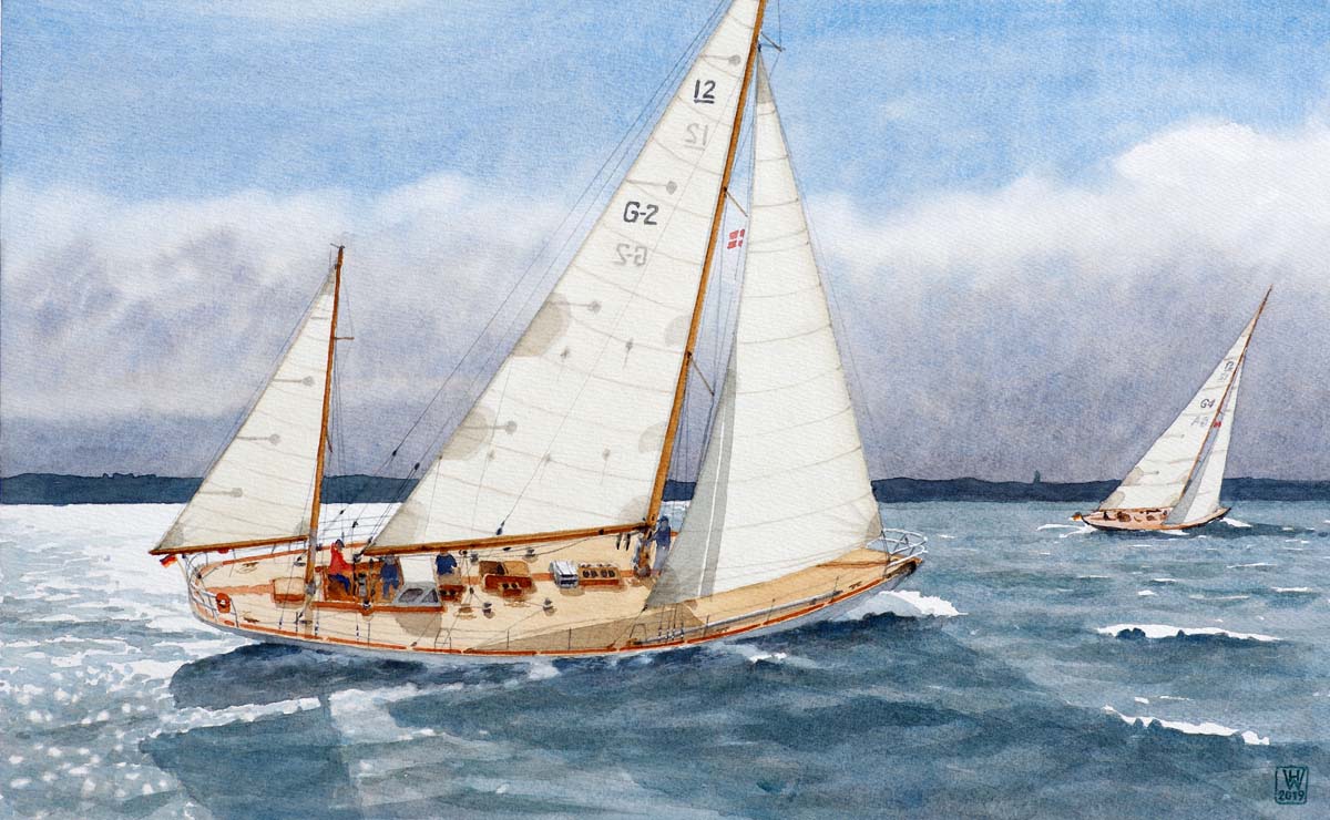 Segelyacht ANITA - Regatta in dänischen Gewässern - Aquarell 34x55 cm  NFS